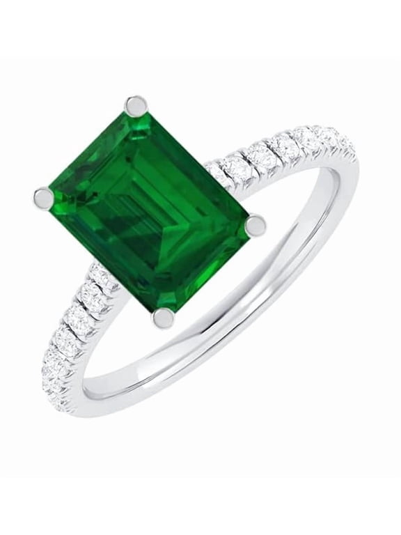 1 Carat Emerald LAB GROWN Emerald and LAB GROWN Diamond Engagement Ring (0.5ct Center, AAAA Heirloom Quality) RISV02W3AM 14K White Gold