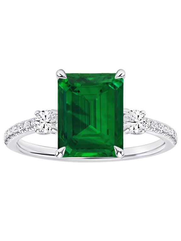 1 Carat Emerald LAB GROWN Emerald and LAB GROWN Diamond Engagement Ring (0.5ct Center, AAAA Heirloom Quality) RISV04W3AM 14K White Gold