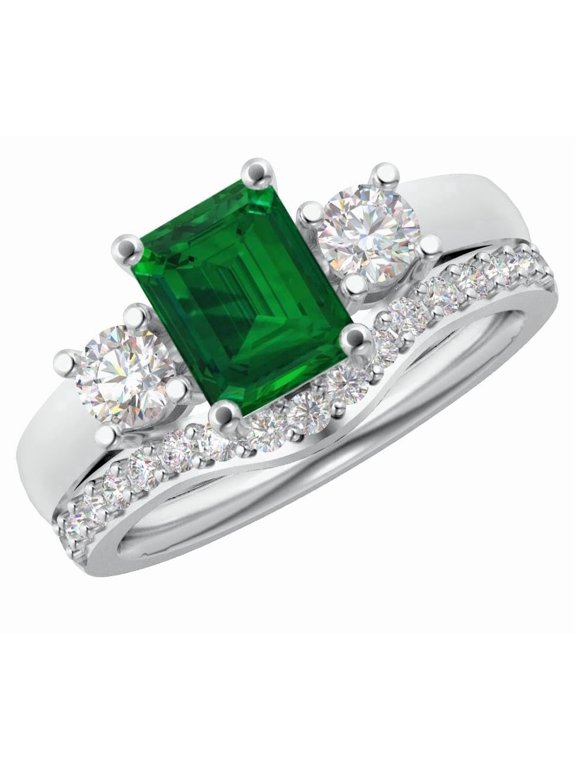 1 Carat Emerald LAB GROWN Emerald and LAB GROWN Diamond Wedding Bridal Set (0.5ct Center, AAAA Heirloom Quality) RIPS65W3AM 14K White Gold