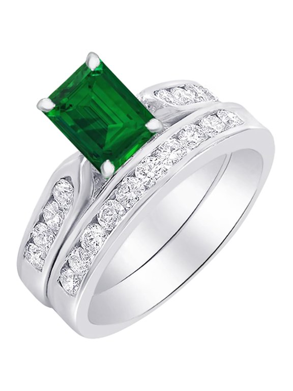 1 Carat Emerald LAB GROWN Emerald and LAB GROWN Diamond Wedding Bridal Set (0.5ct Center, AAAA Heirloom Quality) RISV24W3AM 14K White Gold