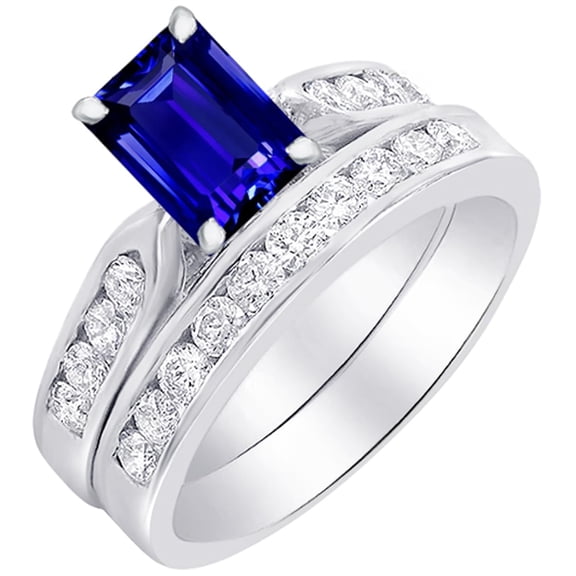 1 Carat Emerald LAB GROWN Tanzanite and LAB GROWN Diamond Wedding Bridal Set (0.5ct Center, AAAA Heirloom Quality) RISV24W3AM 14K White Gold