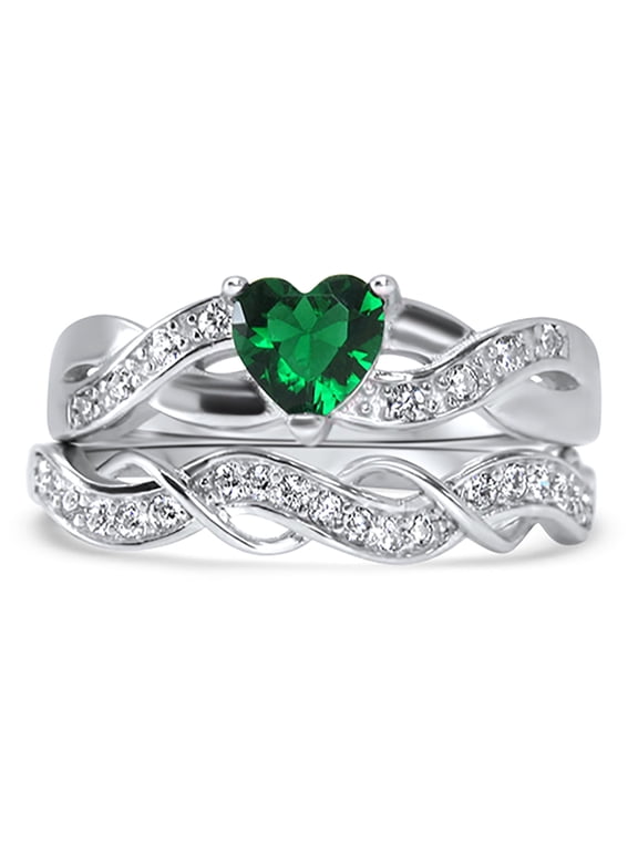 1 Carat Green CZ Heart Cut Wedding Ring Set Simulated Emerald Bridal Set Platinum Plated Sterling Silver for Women Size 6