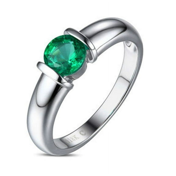1 Carat Green Emerald 6mm Round Cut Green Gemstone Solitaire Engagement Ring In 10K White Gold, Promise Ring, Anniversary Gift