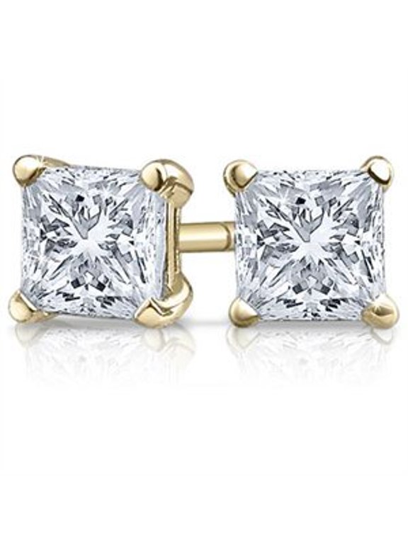 1 Carat IGI Certified 14K Yellow Gold Solitaire Diamond Stud Earrings Princess Cut 4 Prong Push Back (I-J Color, Eye Clean Clarity)