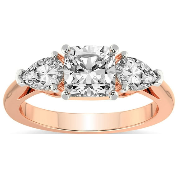 IGI Certified 1 Carat Cushion Shape Lab Grown Diamond Engagement Ring | 14K Rose Gold | Della Three stone Pear Shape Side Lab Diamond Ring | FG-VS1-VS2 Quality Friendly Diamonds