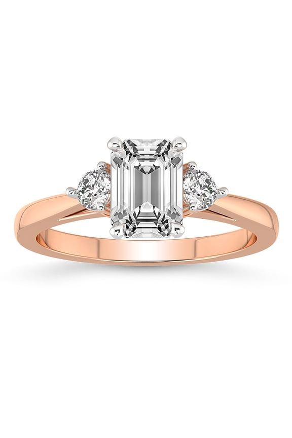 IGI Certified 1 Carat Emerald Shape Lab Grown Diamond Engagement Ring | 14K Rose Gold | Synthia Three Stone Lab Diamond Ring | FG-VS1-VS2 Quality Friendly Diamonds