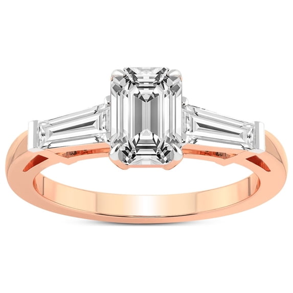 1 Carat IGI Certified Emerald Shape Lab Grown Diamond Engagement Ring | 14K Rose Gold |adison Three Stone Side Baguette Diamond Ring | FG-VS1-VS2 Quality Friendly Diamonds