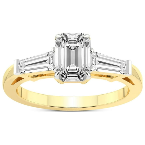 1 Carat IGI Certified Emerald Shape Lab Grown Diamond Engagement Ring | 14K Yellow Gold |adison Three Stone Side Baguette Diamond Ring | FG-VS1-VS2 Quality Friendly Diamonds