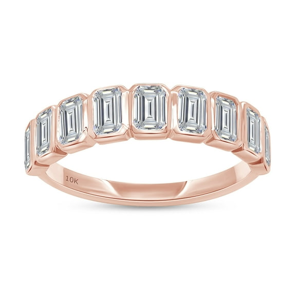 1 Carat IGI Certified Lab Grown Diamond Anniversary Band Ring For Women | 10K Solid Rose Gold |Emerald Shape Bezel Set 9 Stone Half Eternity Wedding Band Ring Size-8