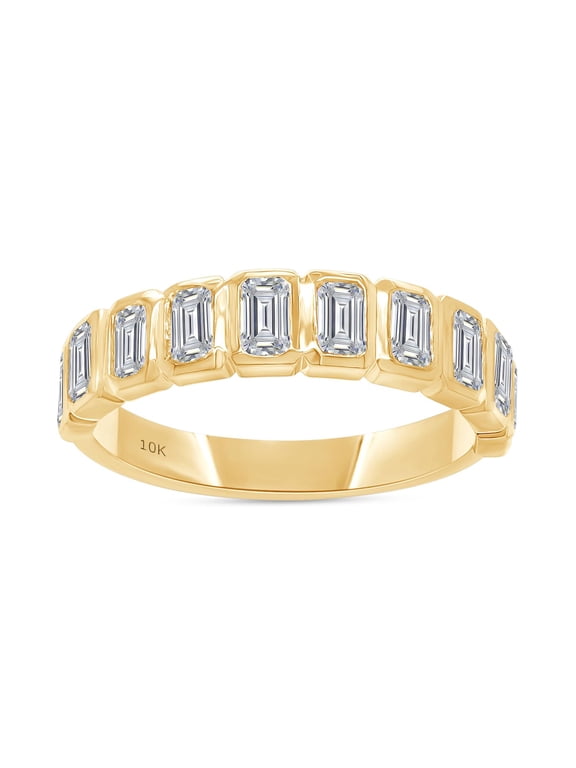 1 Carat IGI Certified Lab Grown Diamond Wedding Anniversary Band Ring for Women | 10K Solid Yellow Gold | Emerald Shape Bezel Set Half Eternity Stackable Engagement Rings Size-6.5
