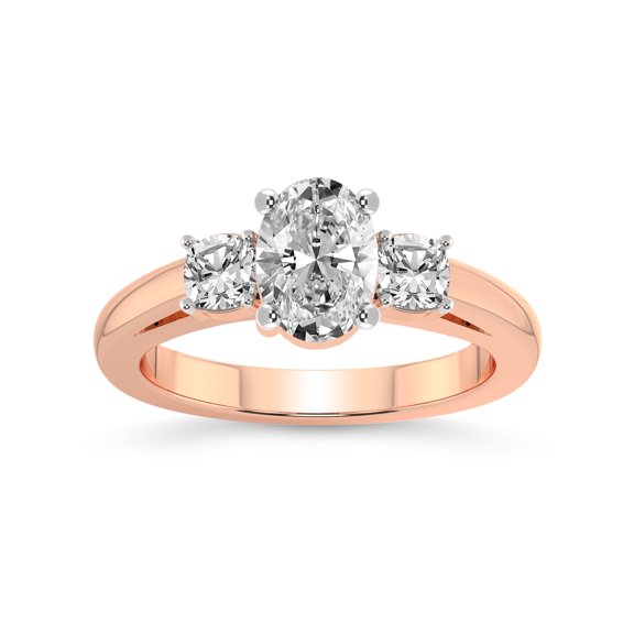 1 Carat IGI Certified Oval Shape Lab Grown Diamond Engagement Ring | 14K Rose Gold | Emery Three Stone With Cushion Shape Side Lab Diamond Ring | FG-VS1-VS2 Quality Friendly Diamonds
