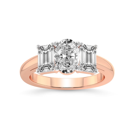 IGI Certified 1 Carat Oval Shape Lab Grown Diamond Engagement Ring | 14K Rose Gold | Lauren Three stone Emerald Shape Side Lab Diamond Ring | FG-VS1-VS2 Quality Friendly Diamonds
