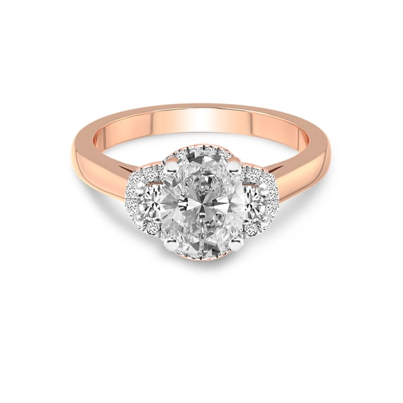 1 Carat IGI Certified Oval Shape Lab Grown Diamond Engagement Ring | 14K Rose Gold | Swirl Three Stone Halo Diamond Engagement Ring | FG-VS1-VS2 Quality | Friendly Diamonds