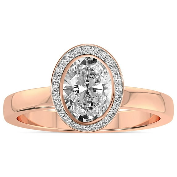 1 Carat IGI Certified Oval Shape Lab Grown Diamond Engagement Ring | 14K Rose Gold | Upturned Dome Bezel Halo Lab Diamond Ring | FG-VS1-VS2 Quality Friendly Diamonds