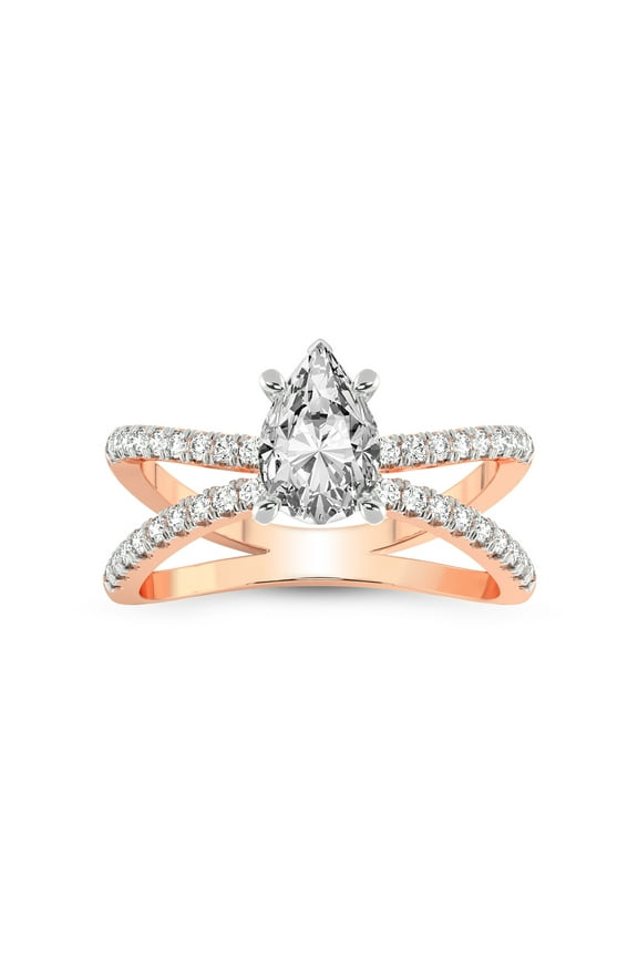 1 Carat IGI Certified Pear Shape Lab Grown Diamond Engagement Ring | 14K Rose Gold | Dakota Criss Cross Lab Diamond Ring | FG-VS1-VS2 Quality Friendly Diamonds
