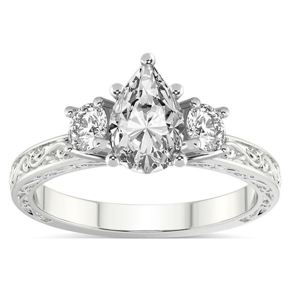 IGI Certified 1 Carat Pear Shape Lab Grown Diamond Engagement Ring | 14K White Gold | Valencia Three Stone Vintage Diamond Ring | FG-VS1-VS2 Quality Friendly Diamonds