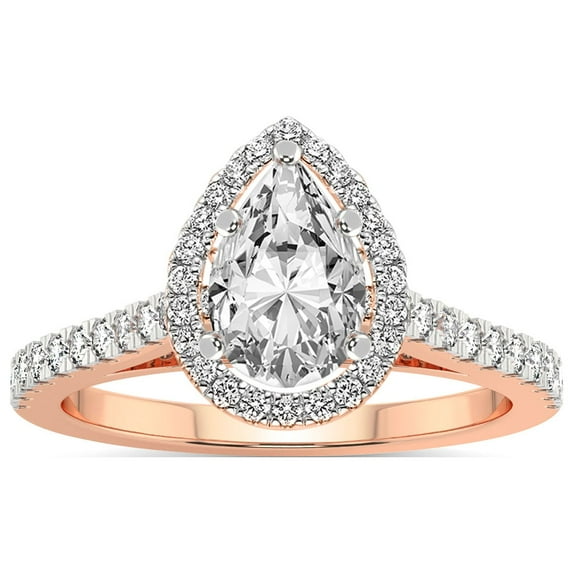 IGI Certified 1 Carat Pear Shape Lab Grown Diamond Engagement Ring | 14K Rose Gold | Rising Sun Halo Lab Diamond Ring | FG-VS1-VS2 Quality Friendly Diamonds