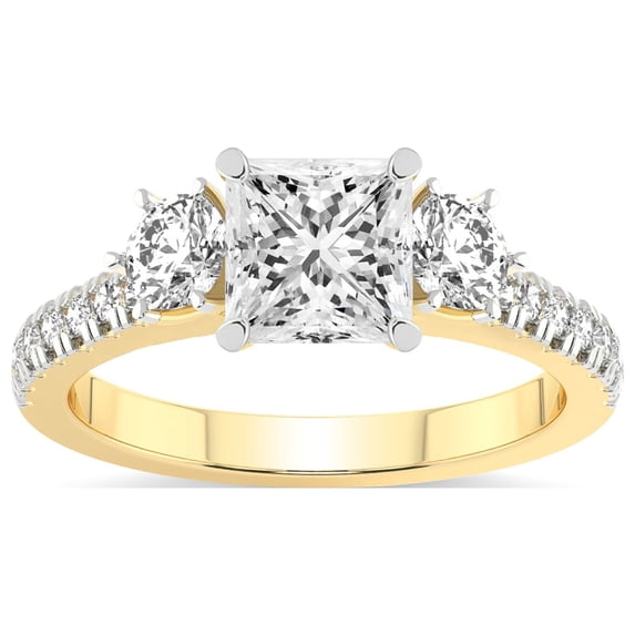1 Carat IGI Certified Princess Shape Lab Grown Diamond Engagement Ring | 14K Yellow Gold |Tiara Three Stone Diamond Ring | FG-VS1-VS2 Quality Friendly Diamonds