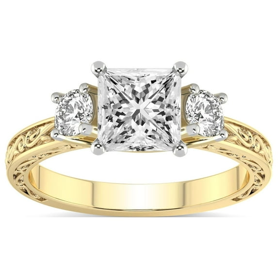 IGI Certified 1 Carat Princess Shape Lab Grown Diamond Engagement Ring | 14K White Gold | Valencia Three Stone Vintage Diamond Ring | FG-VS1-VS2 Quality Friendly Diamonds