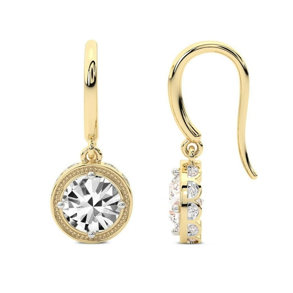 1 Carat IGI Certified Round Shape Lab Grown Diamond Earrings | 18K Yellow Gold | Bella Vintage Dangling Lab Diamond Earrings | Prong Setting | FG-VS Quality Friendly Diamonds