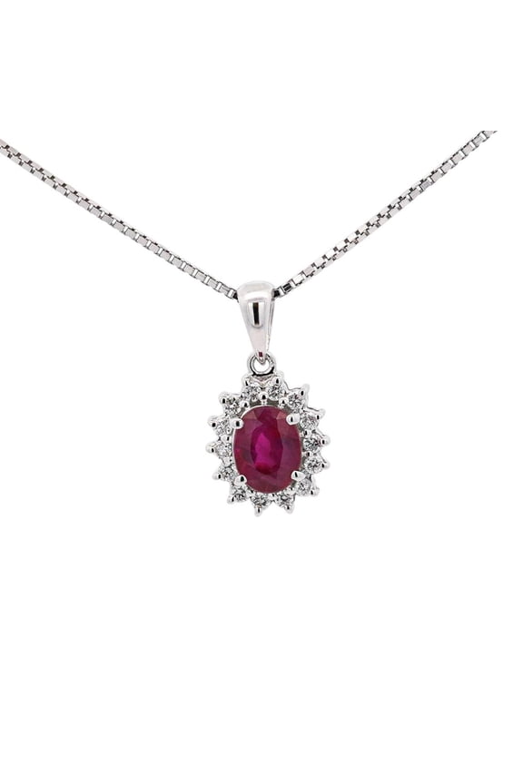 1 Carat Oval Cut Ruby & Diamond Halo Pendant Necklace in 14k White Gold