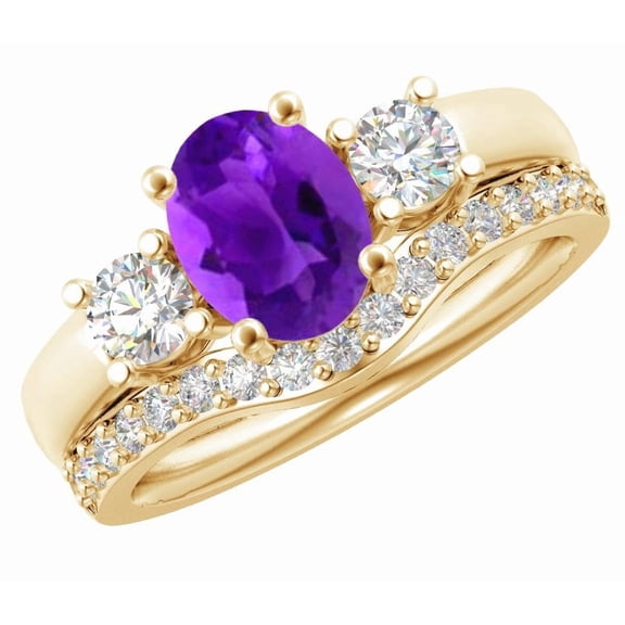 1 Carat Oval LAB GROWN Amethyst and LAB GROWN Diamond Wedding Bridal Set (0.5ct Center, AAAA Heirloom Quality) RIPS65W7AM 14K Yellow Gold