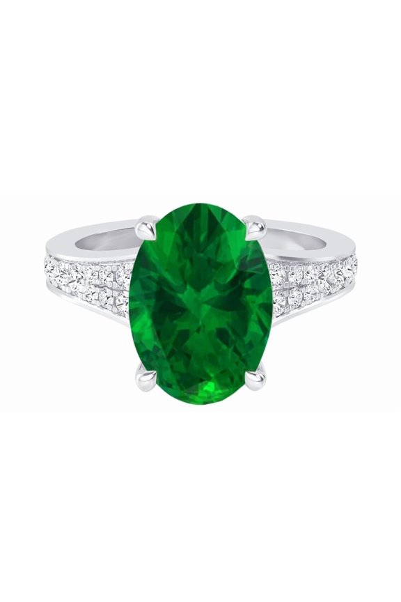 1 Carat Oval LAB GROWN Emerald and LAB GROWN Diamond Engagement Ring (0.5ct Center, AAAA Heirloom Quality) RISV01W7AM 14K White Gold