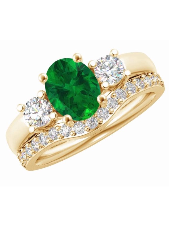 1 Carat Oval LAB GROWN Emerald and LAB GROWN Diamond Wedding Bridal Set (0.5ct Center, AAAA Heirloom Quality) RIPS65W7AM 14K Yellow Gold