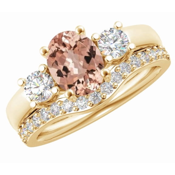 1 Carat Oval LAB GROWN Morganite and LAB GROWN Diamond Wedding Bridal Set (0.5ct Center, AAAA Heirloom Quality) RIPS65W7AM 14K Yellow Gold