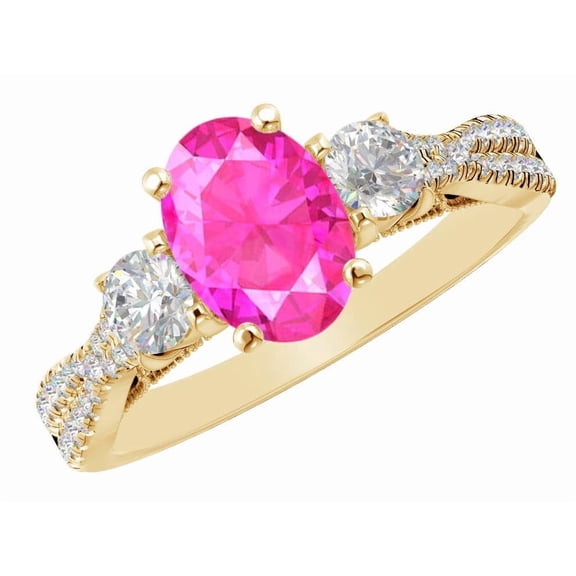 1 Carat Oval LAB GROWN Pink Sapphire and LAB GROWN Diamond Engagement Ring (0.5ct Center, AAAA Heirloom Quality) RIPS23W7AM 14K Yellow Gold