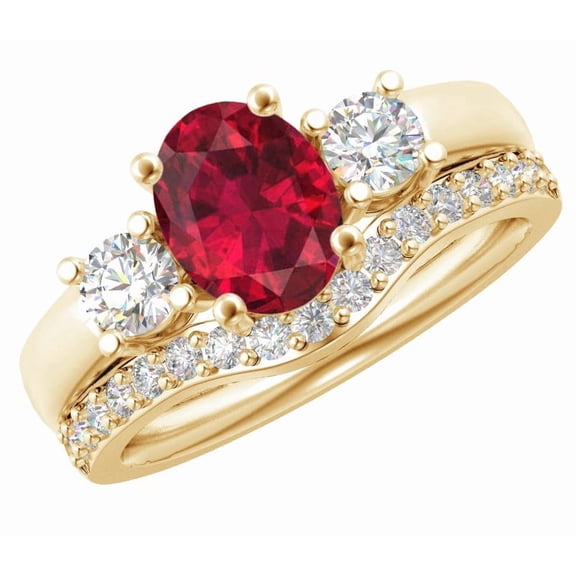 1 Carat Oval LAB GROWN Ruby and LAB GROWN Diamond Wedding Bridal Set (0.5ct Center, AAAA Heirloom Quality) RIPS65W7AM 14K Yellow Gold