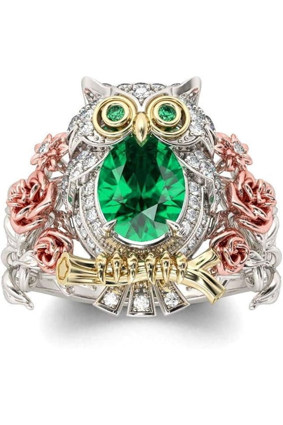 1 Carat Owl Rings for Women 925 Sterling Silver 18K Gold Plated Wedding Rings Oval Cut Solitaire Engagement Rings with Emerald Stone