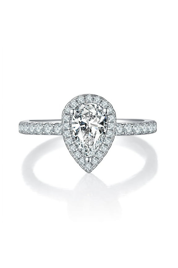 1 Carat Pear Cut Moissanite - Halo - Diamond Wedding Ring - Engagement Ring - 18k White Gold Over Silver