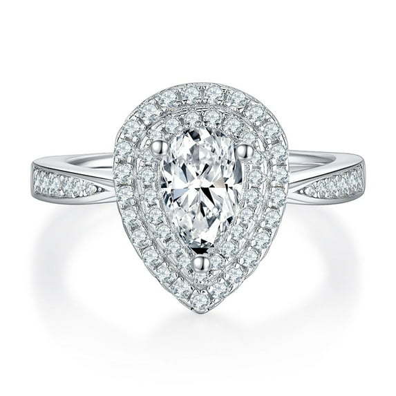 1 Carat Pear Double Halo Engagement Ring, Simulated Diamonds Ring Band, Valentine's Day Gift In 925 Sterling Silver