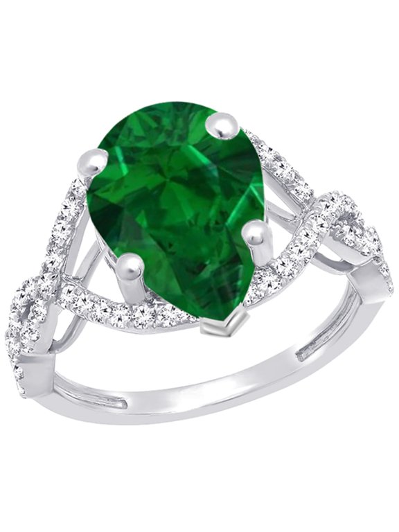 1 Carat Pear LAB GROWN Emerald and LAB GROWN Diamond Engagement Ring (0.5ct Center, AAAA Heirloom Quality) RISV10W8AM 14K White Gold
