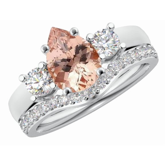 1 Carat Pear LAB GROWN Morganite and LAB GROWN Diamond Wedding Bridal Set (0.5ct Center, AAAA Heirloom Quality) RIPS65W8AM 14K White Gold