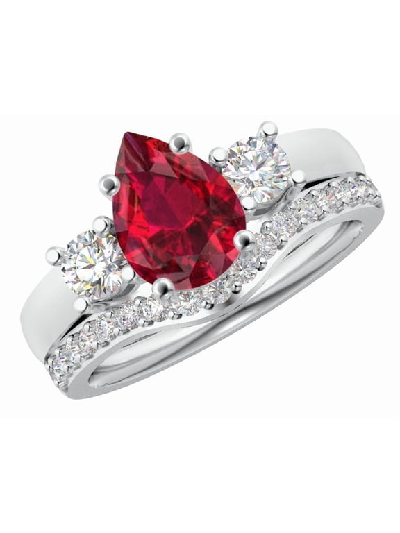 1 Carat Pear LAB GROWN Ruby and LAB GROWN Diamond Wedding Bridal Set (0.5ct Center, AAAA Heirloom Quality) RIPS65W8AM 14K White Gold