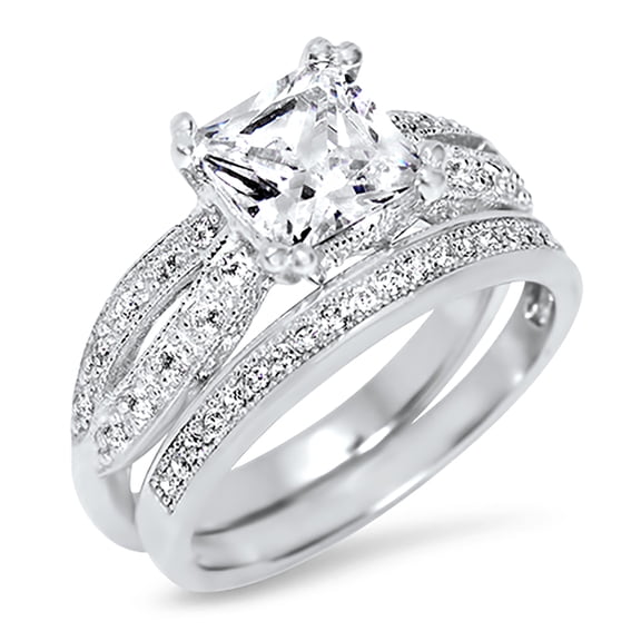 LaRaso & Co 1 Carat Princess Cut CZ Wedding Ring Set In Sterling Silver for Women Size 6