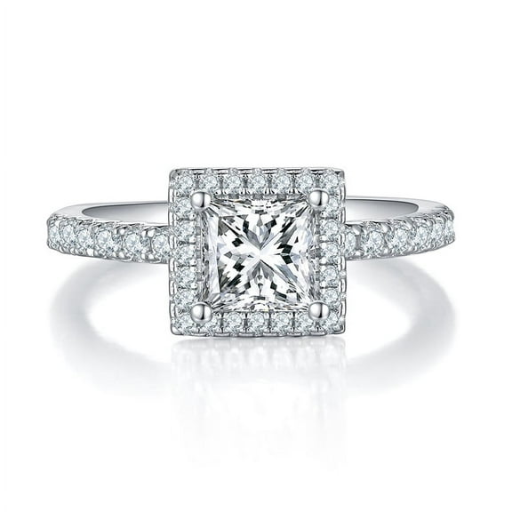 1 Carat Princess Cut Moissanite Classic Diamond Engagement Ring In 18K White Gold Plating Over Silver