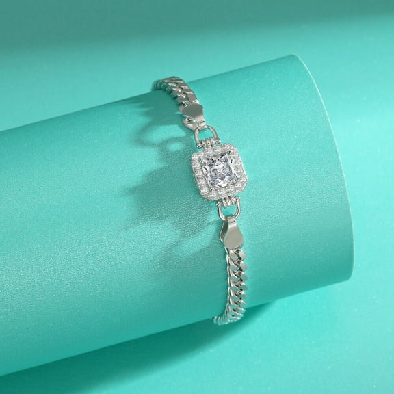 1 Carat Princess Cut Moissanite Cuban Chain Adjustable Bracelets for Men Women 925 Sterling Silver-White