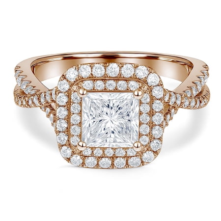 JeenMata 1 Carat Princess Cut Moissanite Engagement Ring - Bridal Set - Double Halo Ring - Cluster Ring - 18k Rose Gold Plated for Women