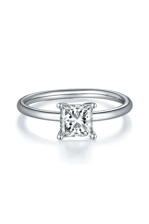 1 Carat Princess Cut Moissanite Solitaire Diamond Engagement Ring Promise Ring In 18K White Gold Plating Over Silver