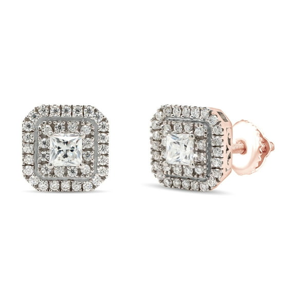 1 Carat Princess & Round Cut Lab Created Moissanite Diamond Double Halo Stud Earrings In 14K Rose Gold Over Sterling Silver Jewelry For Women (G-H Color, VVS1 Clarity, 1 Cttw)