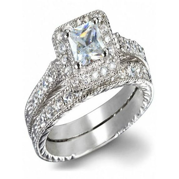 1 Carat Princess cut Diamond Vintage Wedding Ring Set in White Gold