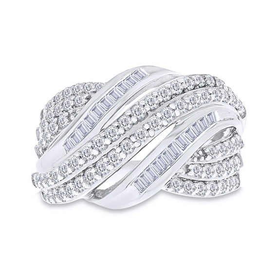 AFFY 1 Carat Round & Baguette Shape Multi-Row Layered Swirl Engagement Ring In 14K White Gold Over Sterling Silver (1 Cttw, I2-I3 Clarity), Ring Size-9.5
