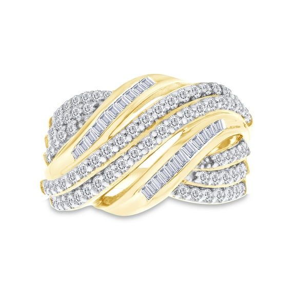 AFFY 1 Carat Round & Baguette Shape Multi-Row Layered Swirl Engagement Ring In 14K Yellow Gold Over Sterling Silver (1 Cttw, I2-I3 Clarity), Ring Size-12
