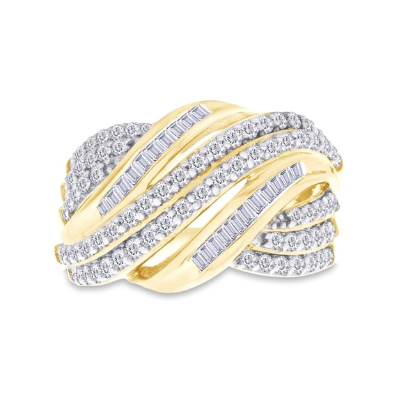 AFFY 1 Carat Round & Baguette Shape Multi-Row Layered Swirl Engagement Ring In 14K Yellow Gold Over Sterling Silver (1 Cttw, I2-I3 Clarity), Ring Size-6