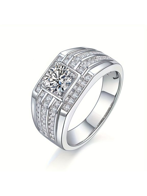1 Carat Round Cut Moissanite Diamond Ring for Men S925 Silver Plated White Gold Family Friend Gift Birthday Gift Event Wear Father's Day Gift