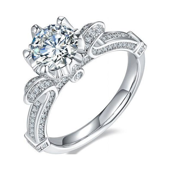 1 Carat Round Cut Moissanite Engagement Ring - Halo -Handmade Ring - Diamond Bridal Ring - 18k White Gold Over Silver