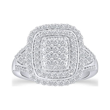 AFFY 1 Carat Round Cut Natural White Diamond Rectangular Double Frame Wedding Band Ring In 14K Gold Over Sterling Silver (1 Cttw, I2-I3 Clarity)